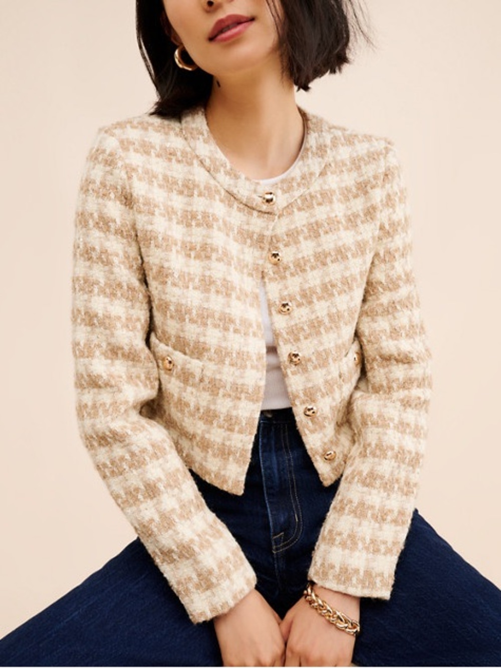 Amanda Uprichard Houndstooth Lady Jacket Cream & Tan Bouclé Sz: L